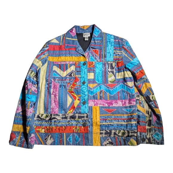 Vtg 1990s Chico's Design Blue Denim Silk Colorful Patchwork